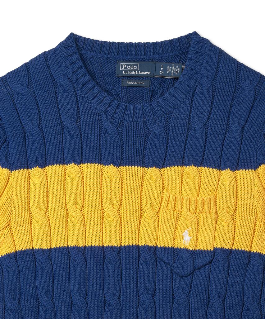 POLO RALPH LAUREN W Striped Cable Knit Cotton Sweater - Blue Yacht/White