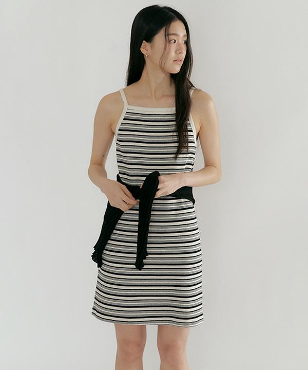 Lingseoul Ribbed Stripe Sleeveless Dress-Ivory