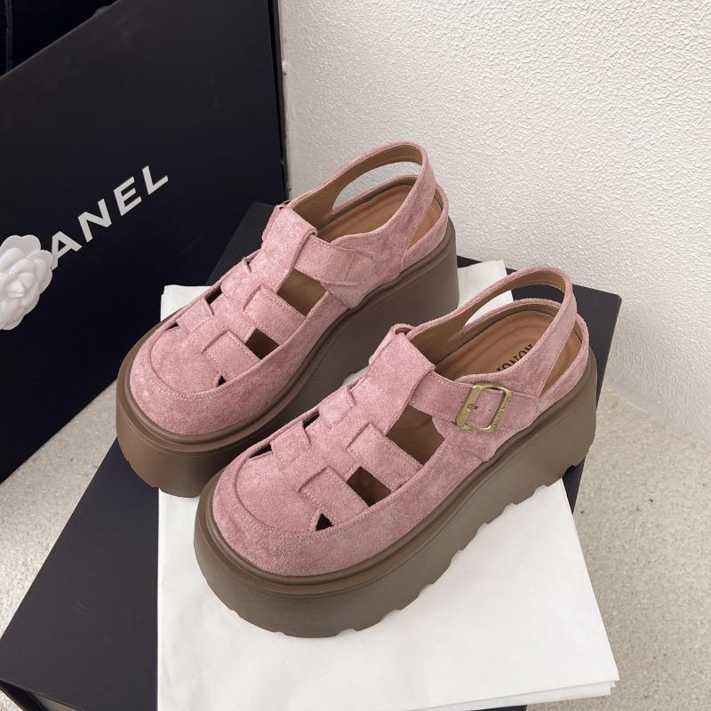 Leather woven bag head sandals for women's summer new thick soles increase 7CM one-word buckle for women