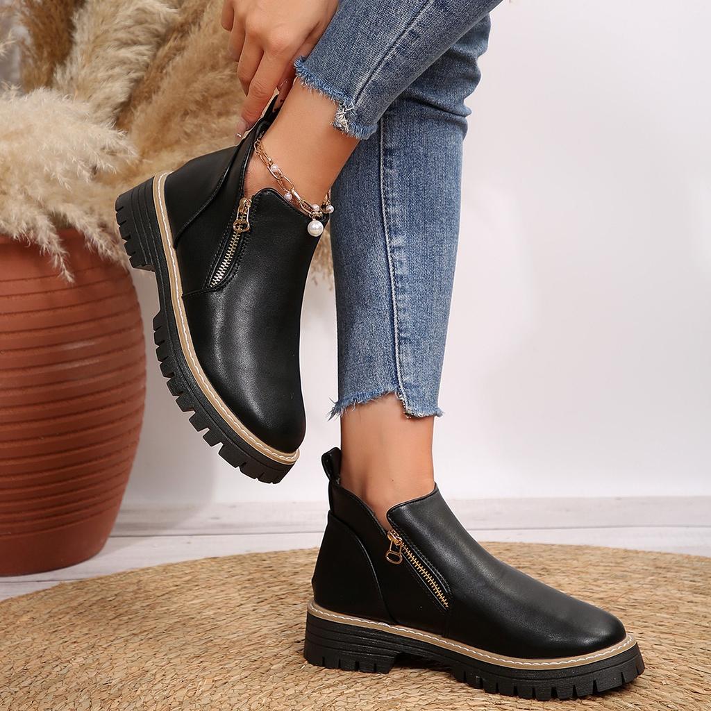 Autumn and Winter New Round Toe Thick High-heeled Short Boots, Side Zipper Waterproof Platform Women's Shoes