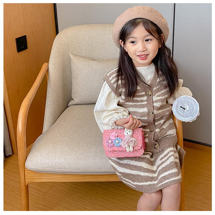New Girls' Pearl Tweed Handbag: Trendy Little Flower Princess Crossbody Bag