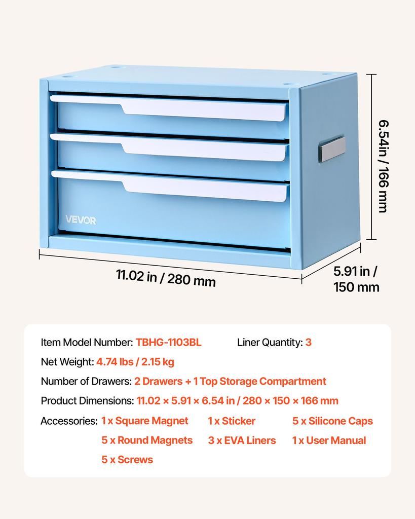 VEVOR Steel Tool Box with 3 Drawers Portable Metal Toolbox Heavy Duty Blue, for Garage Workshop Repair Shop Workbench, Magnetic Design