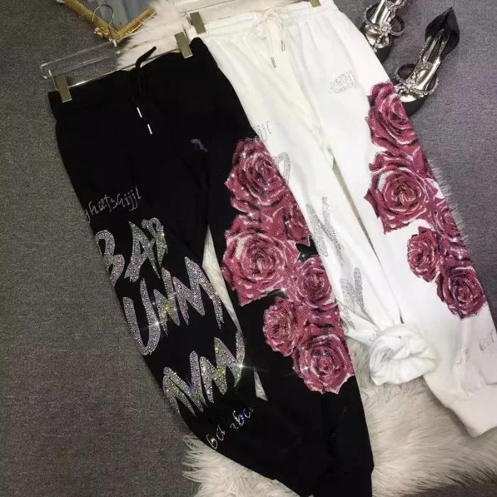 Luxuriöse, figurformende Jogginghose mit Blumenmuster und hoher Taille für Damen – Baumwolle, XXL, 90–136 kg