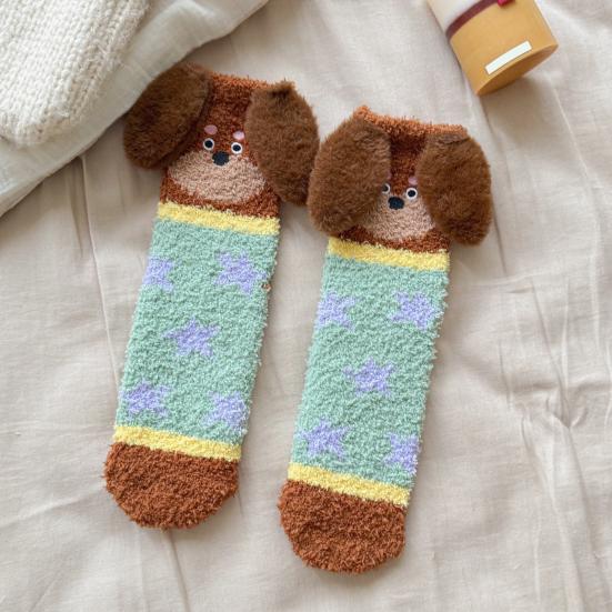 1 Pair Floor Socks 3D Cartoon Dachshund Design Striped Print Elastic Opening Socks Coral Fleece Thickened Mid-Length Sleeping Socks