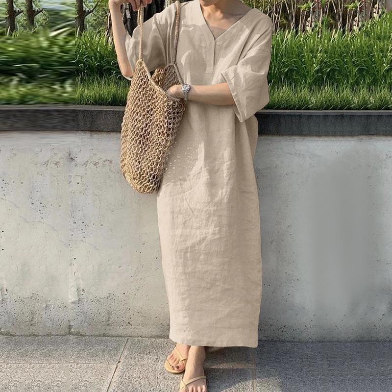 

Літня вільна повсякденна бавовняна сукня з V-подібним вирізом і короткими рукавами S бежевий