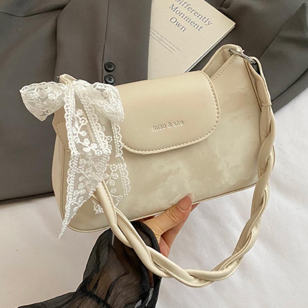 

Elegant Bow Underarm Bag Smooth Women s Armpit Bag Casual Lace Ribbon Handbag Woman бежевый
