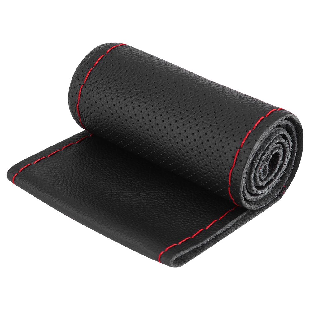 1 Pc 3738cm Car Auto Laser Drilling Cowhide Steering Wheel Cover Universal (Black Red)