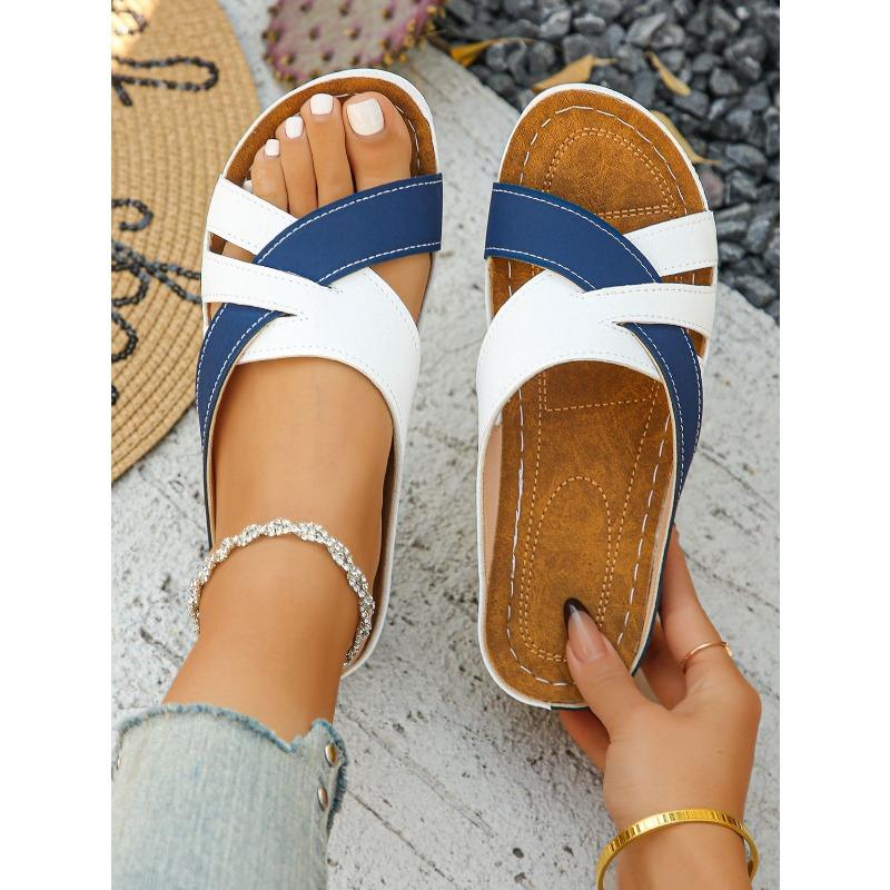 Color-Blocked Wedge Sandals for Women - Plus Size 2025 Summer New Arrival Thick-Soled Cross-Strap Beach Sandals