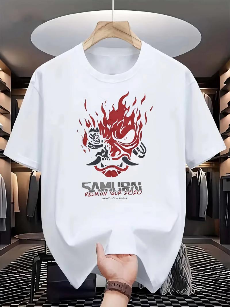 

Men s Women s Samurai Graphic T-shirt Black Casual Summer Tops with Bold Samurai Prints and Red Flame Design Cotton Round Neck S