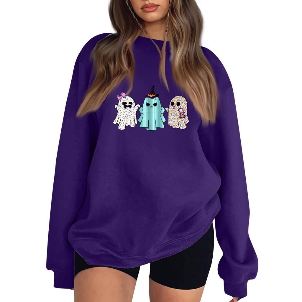 Women's Neck Long Sleeve Comfy Sweatshirt Casual Loose Fit Color Halloween Print Pullover