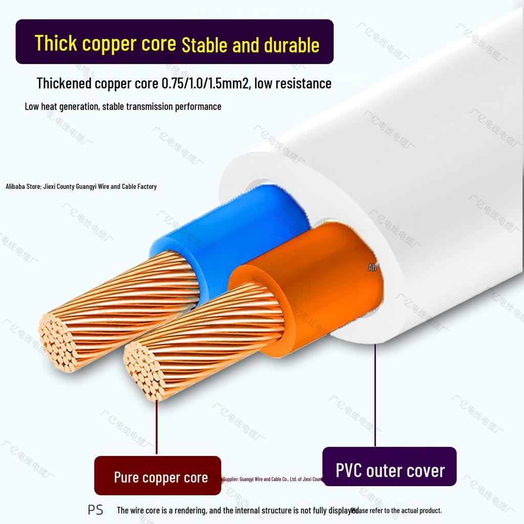 White National Standard Two-Pin Power Cord with Plug, Single Head, 2-Core, 0.75/1/1.5 Square.