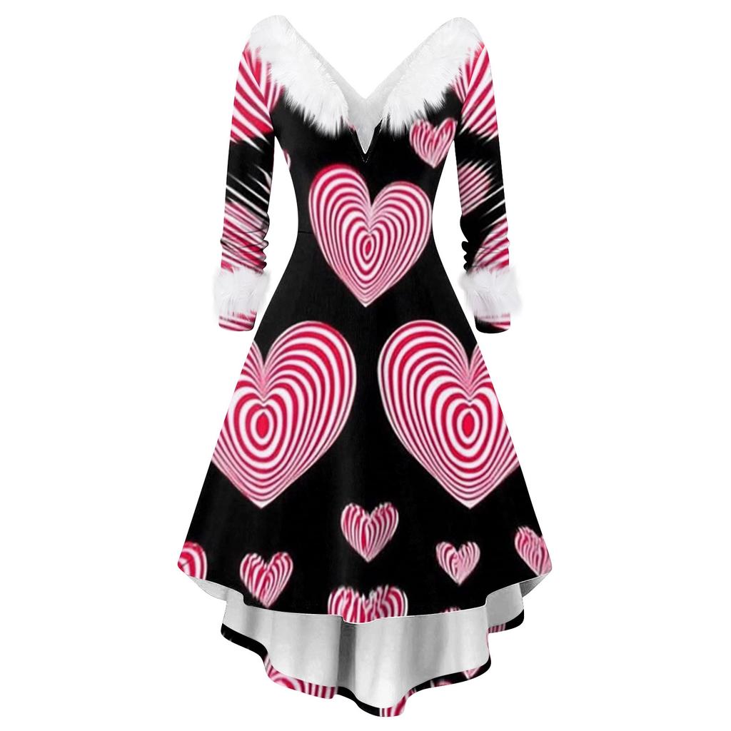 Damen stilvolles und elegantes langärmeliges V-Ausschnitt Kleid mit Valentinstags-Herzprint