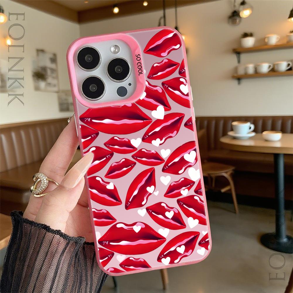 Red Lips with Heart Accents Hard Phone Case for Iphone 16 15 14 13 12 11 Pro Max Mini Shockproof Anti-Scratch Protective Cover