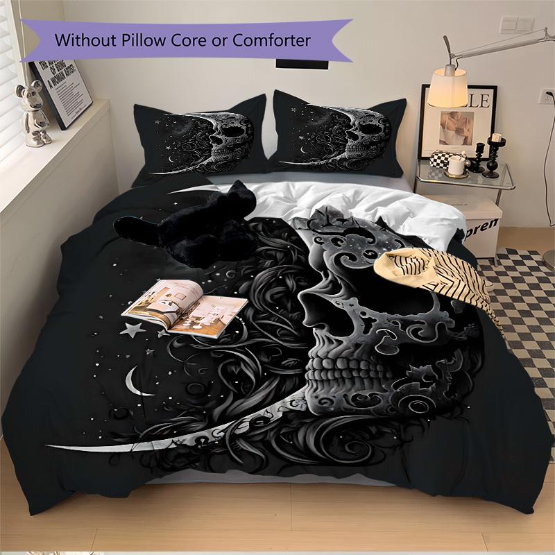 3pcs Midnight Moonlit Skull Printed Duvet Cover Set (1 * Cover+2 * Pillowcase, Without Core), Suitable for Home Bedroom, Guest Room, Dormitory De