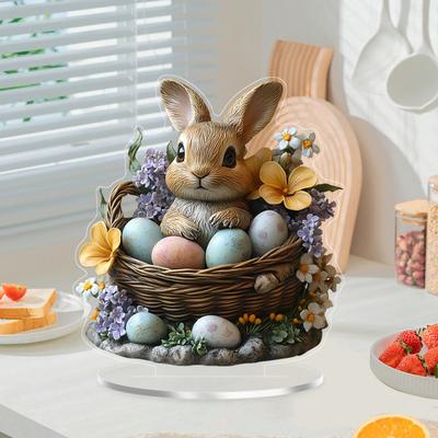 Decoración de mesa de conejo y huevo de Pascua hecha de acrílico es adecuada para Pascua y decoración diaria del hogar. Regalos para familiares y amigos