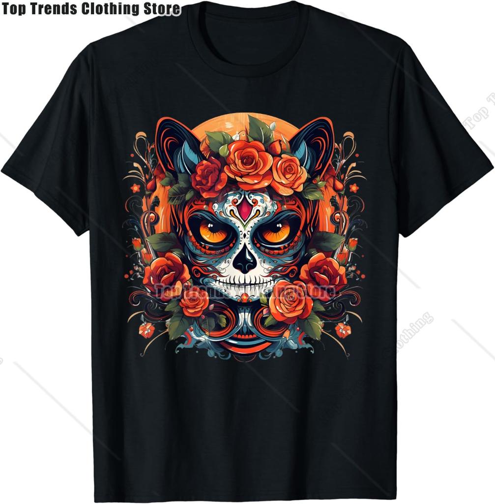 Cute Sugar Skull Cat Dia De Los Muertos Day of The Dead TShirt Mexican Summer Fashion Short Sleeved Tee TopsCasual Tshirt