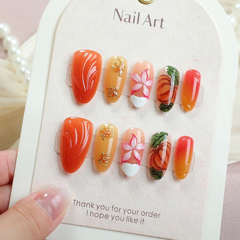30 new Thanksgiving Maple Leaf Pumpkin Almond Wear Nail Gilt 3D three-dimensional gradual change flower nail art
