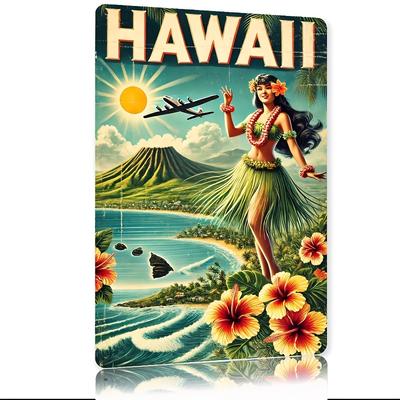 Vintage Metalowy Znak Plażowy Hawaje w Retro Tropikalnym Wystroju z Tancerką Hula Samolotem do Domu Kuchni Jadalni Sypialni Ga