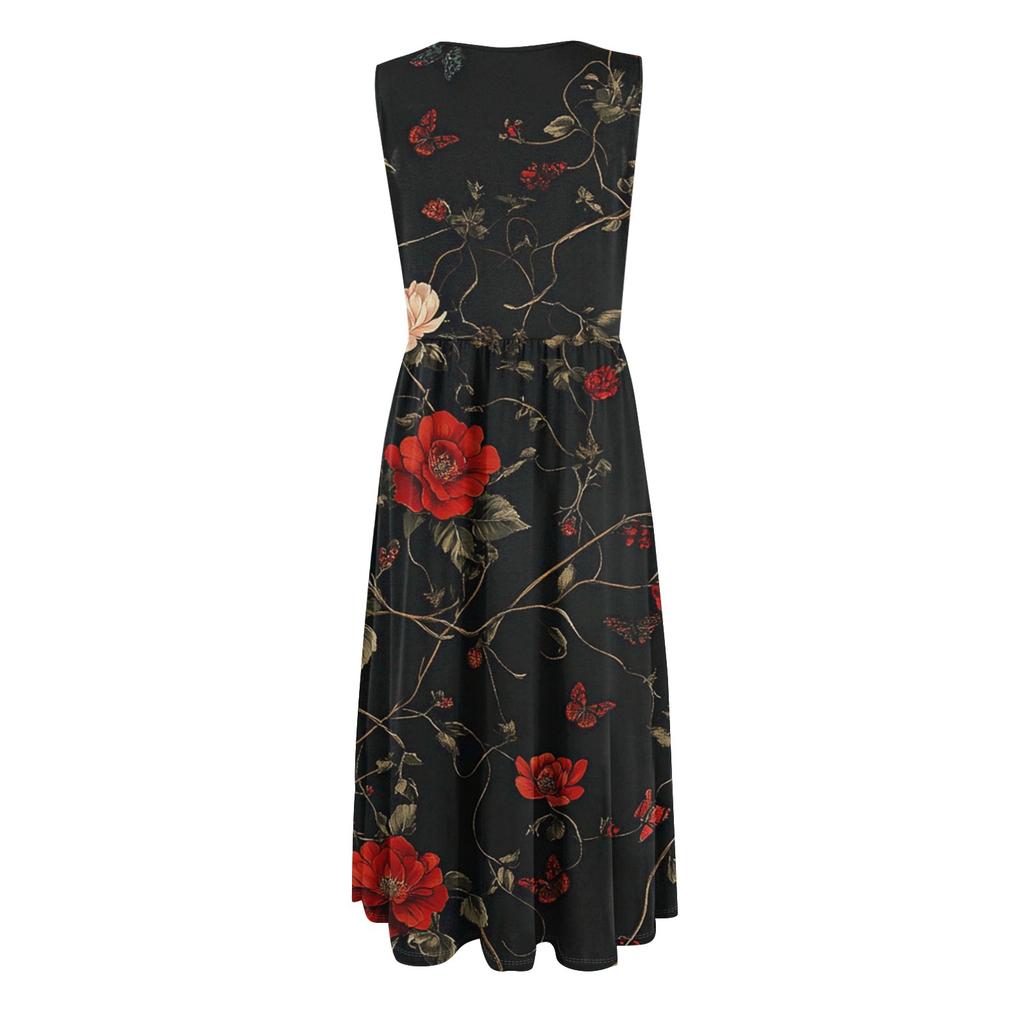 Women's Fashionable Printed Round Neck Sleeveless Casual Pullover Pocket Mid Length Dress