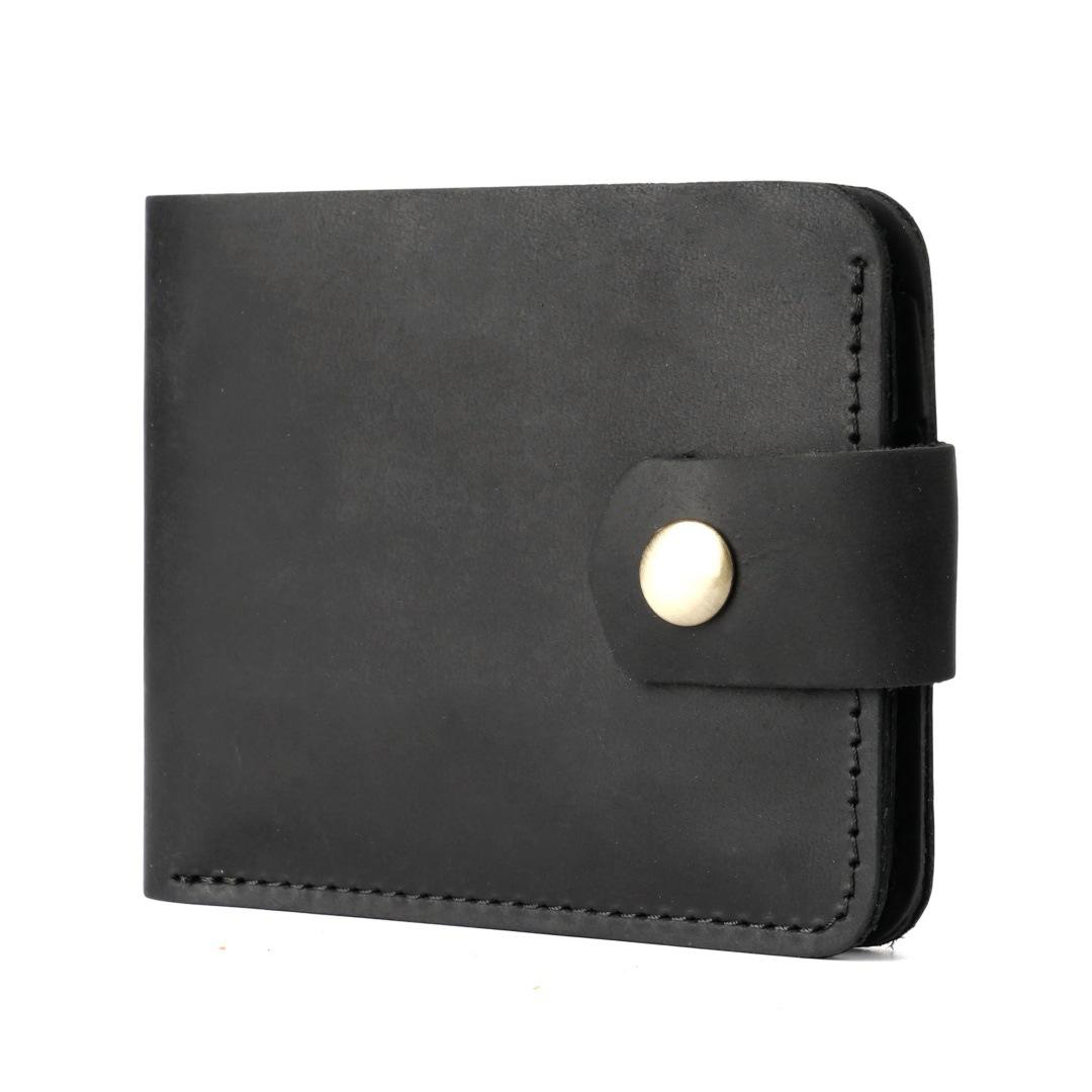 

Handmade Crazy Horse Genuine Leather Men Wallet Hasp Snap Closure Minimalist Vintage Bifold Purse Short Cowhide Card Holder чёрный