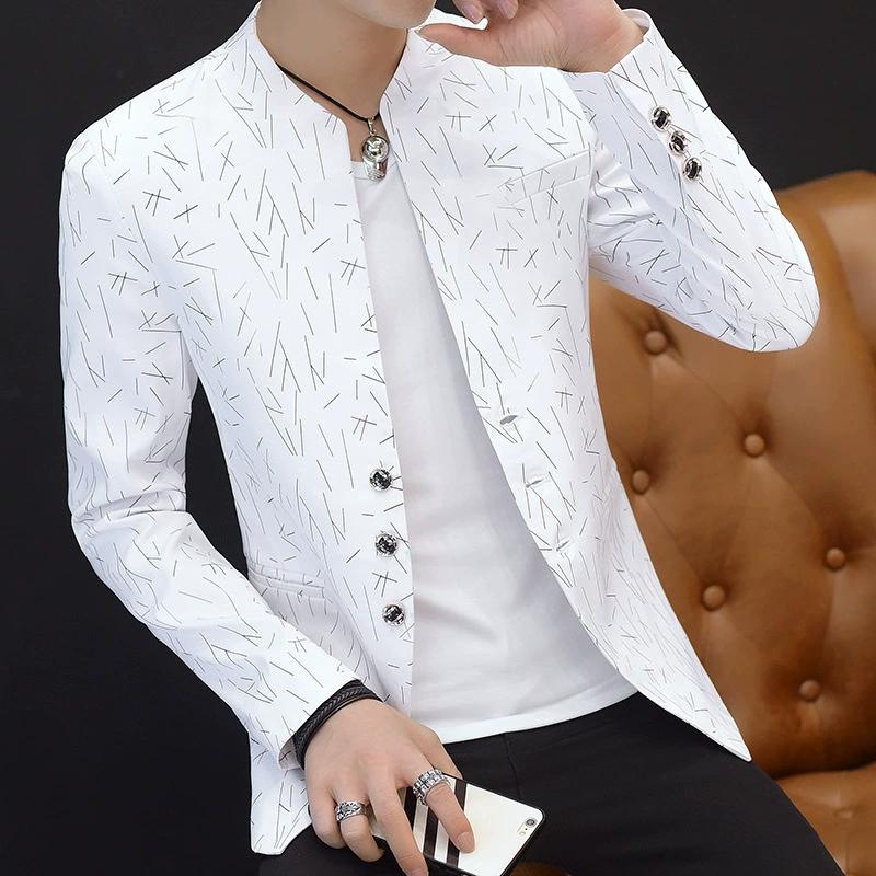 Men's Casual Fashion Collar Blazers Youth Handsome Trend Slim Print Blazers Suit Coat Jacket Black White Man Cardigan Wedding Party Formal Business