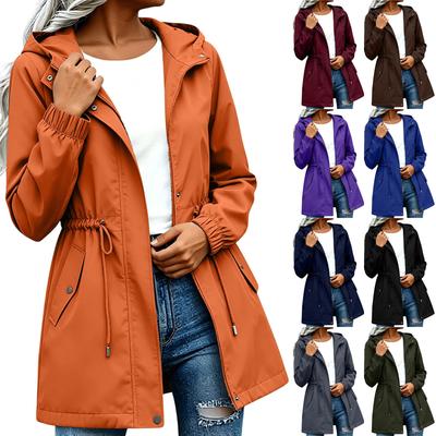Damen Kapuzenjacke Mittellang Lässiger Lockerer Schnitt Windbreaker Mantel mit Verstellbarem Bundzug und Druckknopfleiste vorne