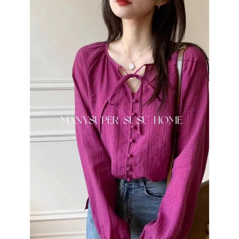 

Women s Sweet Raspberry Purple Tie V Neck Long Sleeve Top S фиолетовый