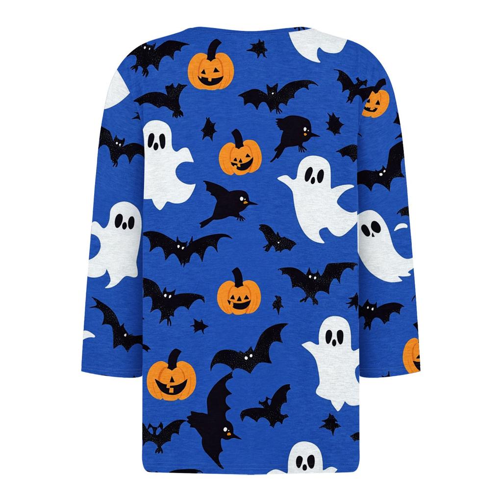 Women's Casual Fashion V-neck Loose Versatile Halloween Print Three-quarter Sleeve Top