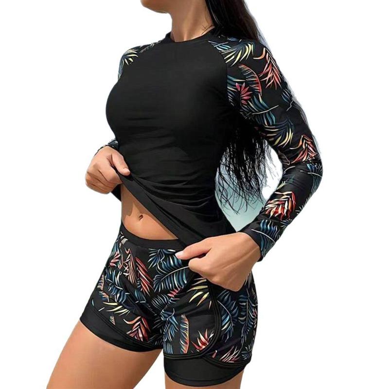 New European and American Swimwear, Long-sleeved Printed Spliced Double-layer Shorts, Women's Split Tankini