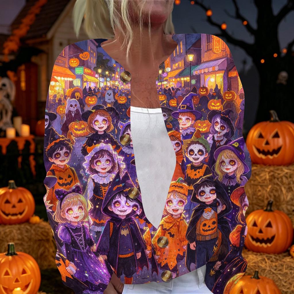 Women's Long Sleeve Knit Cardigan Button Up Sweater Halloween Print Lightweight Casual Outerwear for Autumn and Winter