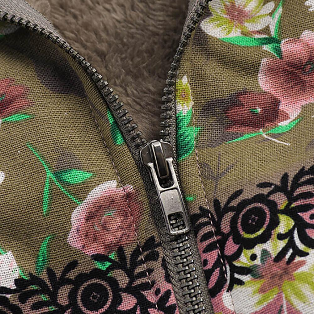 Plus Size Women Hooded Long Sleeve Vintage Ladies Fleece Thick Coats Zipper Coat