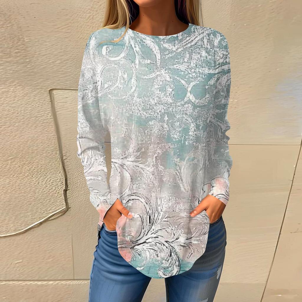 Women's Fashion Pullover Round Neck Long Sleeve Printed Top