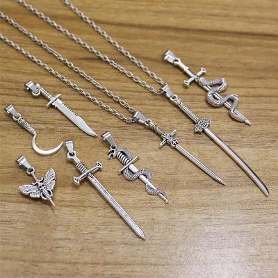 Gothic Dark Alloy Sword and Snake Pendant Necklace for Men and Women