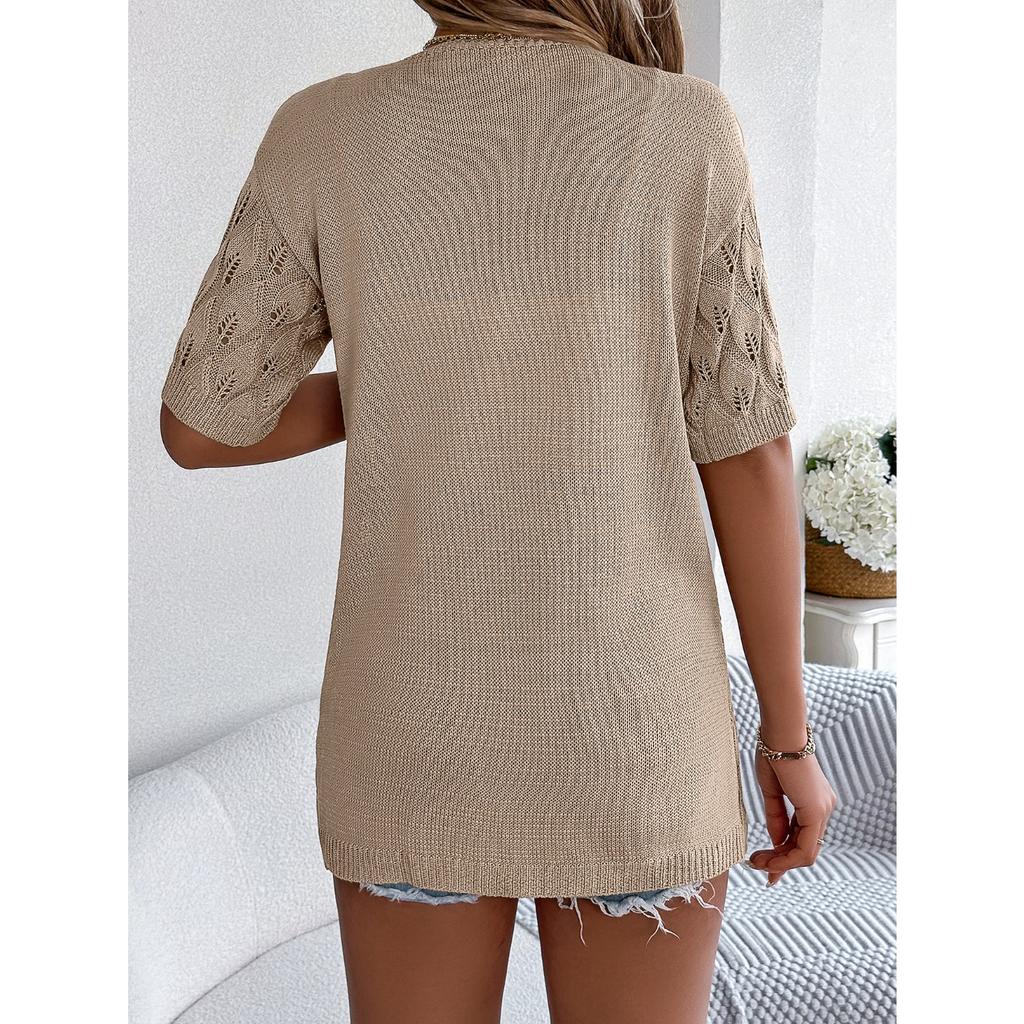 QICED Summer Cut-out Leaf Short-sleeved Knitted Cardigan for Vacation Sun Protection Women's Wear