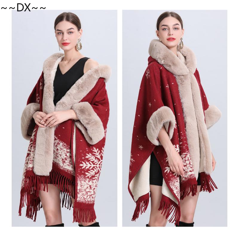 Новая накидка-шаль спицами из снежинок и флиса с толстым меховым воротником. One size — фото 15