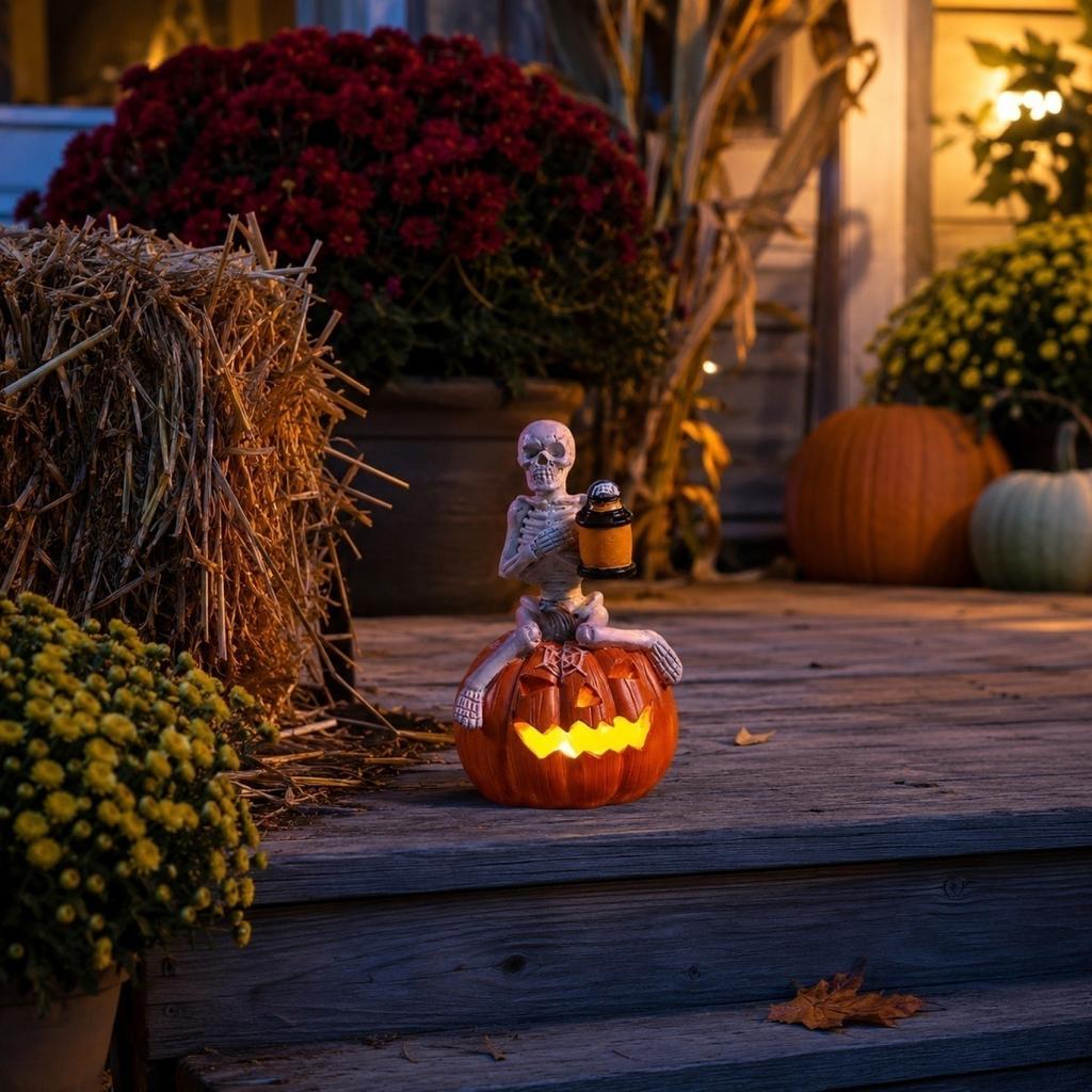 LED Light Up Pumpkin Skeleton Figurine Halloween Tabletop Decoration with Lantern for Indoor Outdoor Festival Display Prop