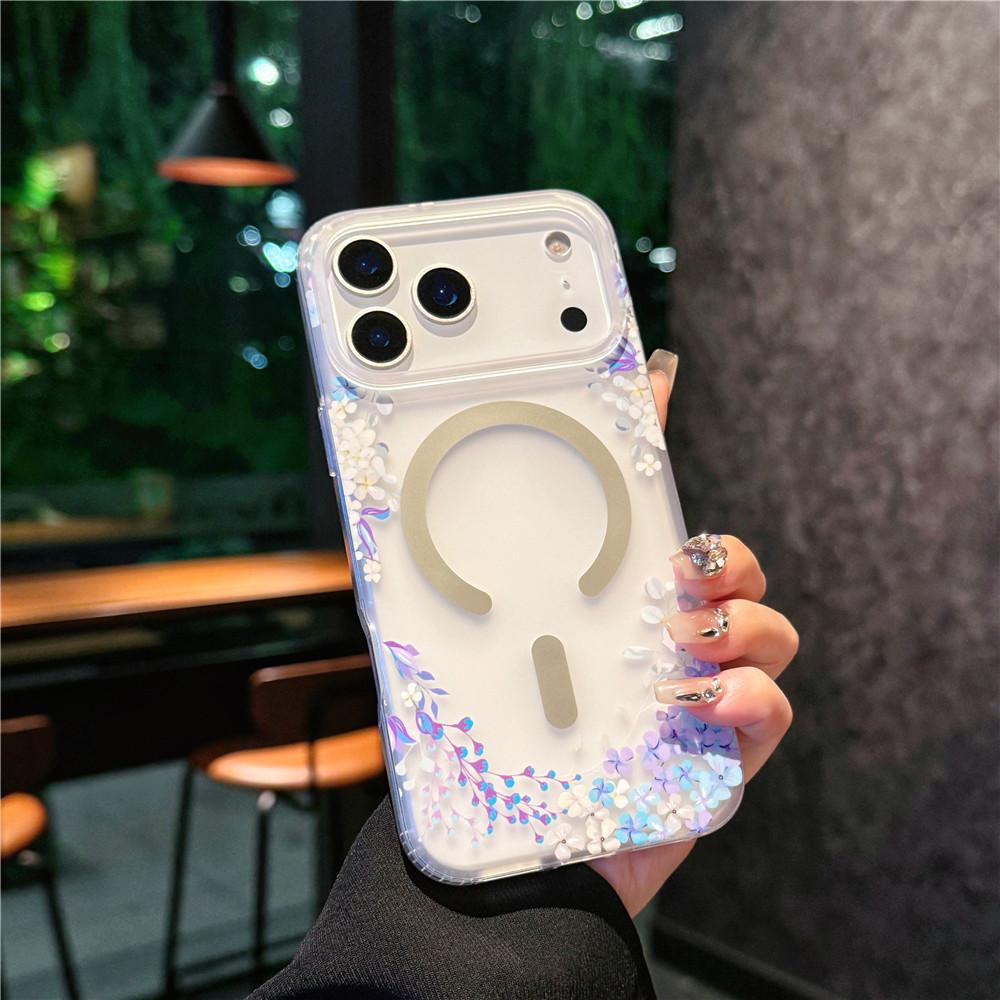 Suitable for iPhone 17 Promax Phone Case, Apple 17 Matte Skin Texture Flower 17 Pro Semi Transparent Magnetic Suction Case