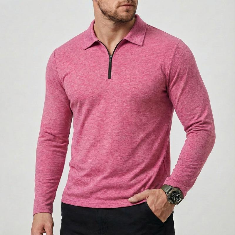 Men Turn Down Collar Half Zip Long Sleeve Polo Shirt Slim Fit Solid Casual Business Tops