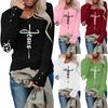 T-Shirts für Damen Langarm, Rundärmel Vertikales Kreuz Lässiges Grafik-Shirt,