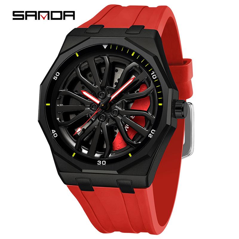 Sanda Men's Waterproof Alloy Car Wheel Design Silicone Wristwatch
