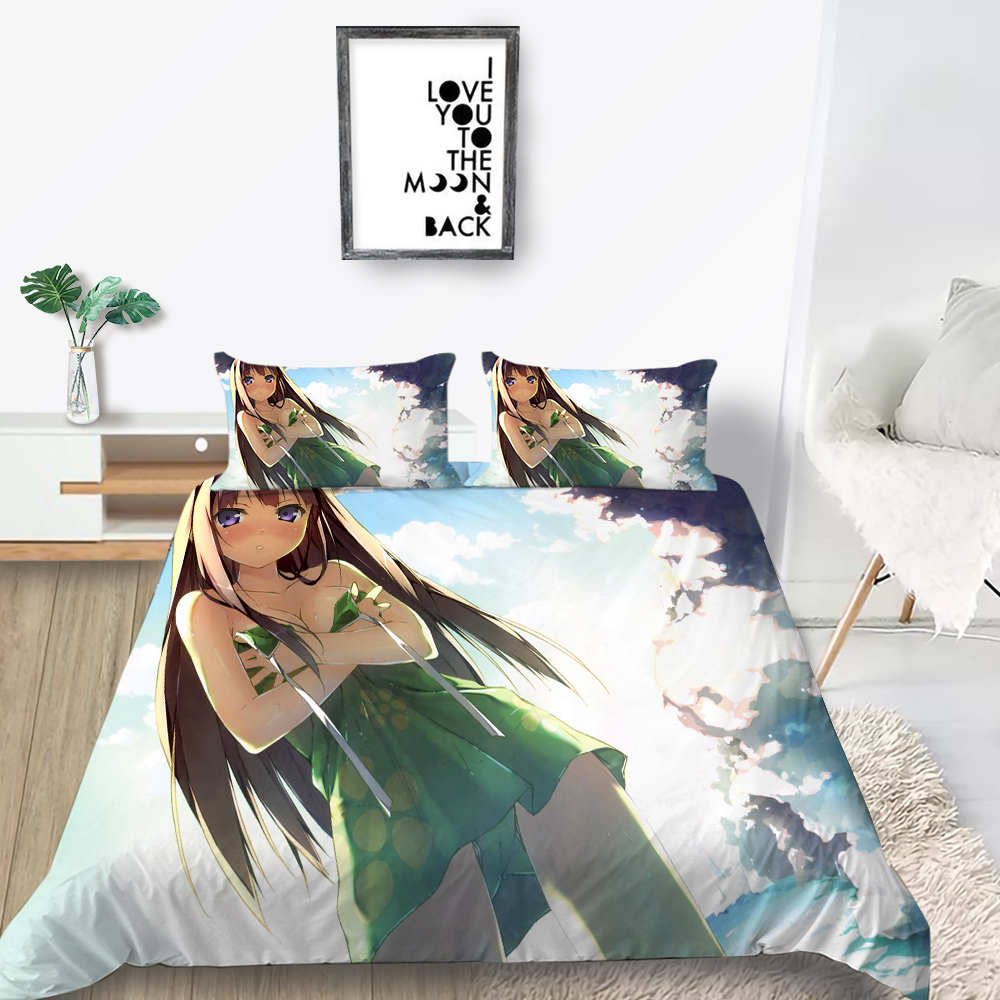 3D Animation Bishōjo Bedding Set, Curtilage Male Room Duvet Cover 2/3 Pieces, Anime Beautiful Woman DE135 * 200 Full Size Soft Home Decoration