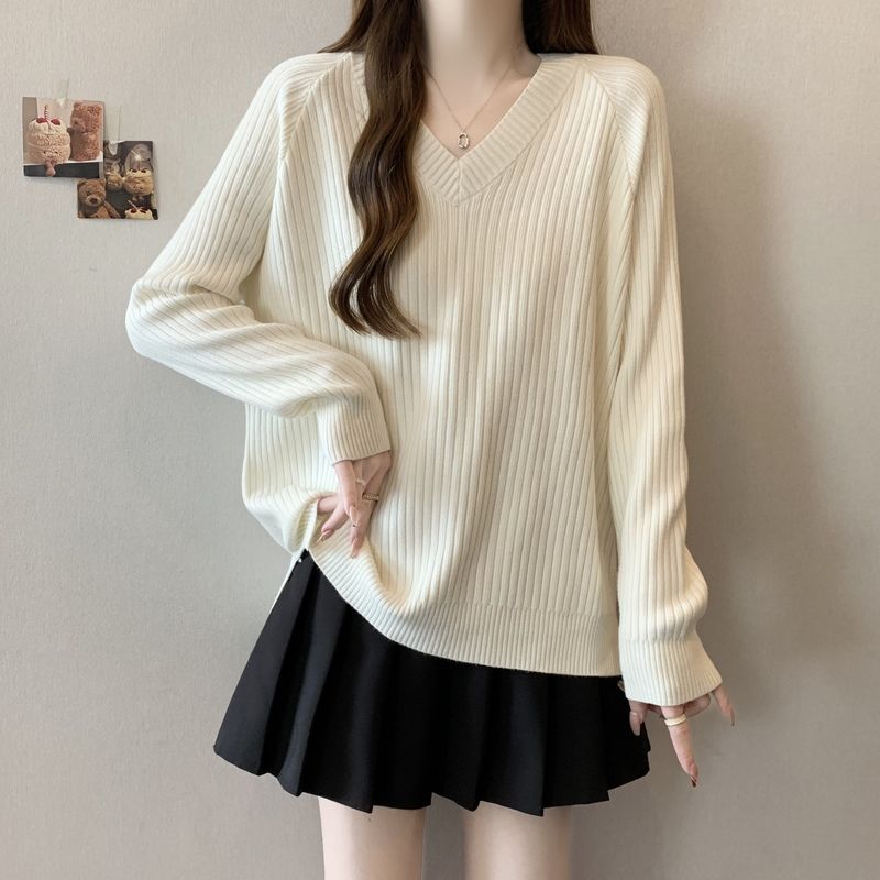 

Повседневный свободный тонкий однотонный свитер с V-образным вырезом, женский универсальный свитер с разрезом, осенне-зимний, The Belly Base 3XL белый