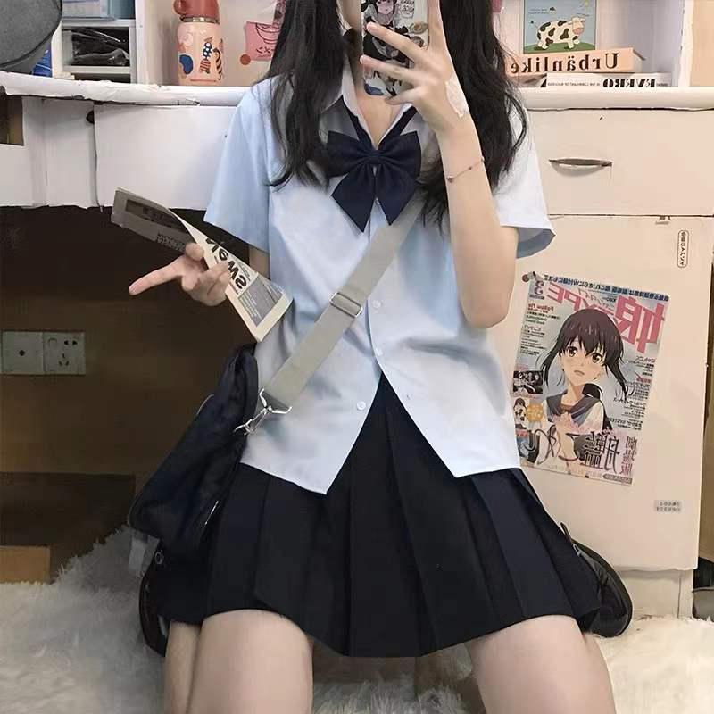 Women's Blue-Gray Korean Style School Uniform: Pointed Collar, Short Sleeve, JK College Style