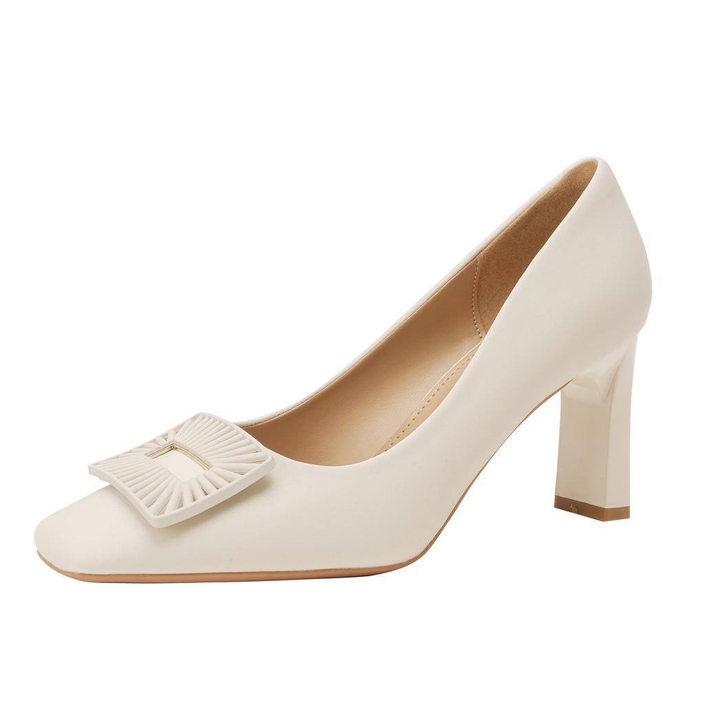 Square Head Thick Heel High Heels Soft Leather Work Shoes Spring 2026 One-pedal Square Buckle Shallow Mouth Single Shoes