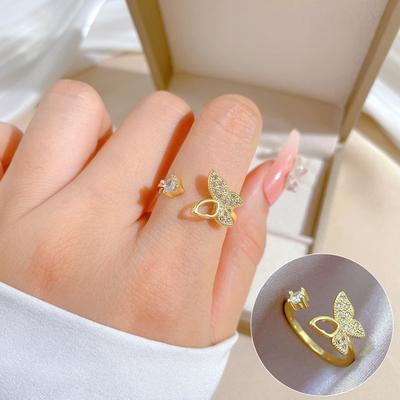Real Gold Empty Butterfly Full Diamond Ring Opening Adjustable Simple Jewelry Japanese Ring Couple Ring