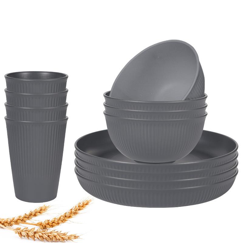 12 ks Sada nádobí ze pšeničné slámy Nerozbitná sada talířů a misek Opakovaně použitelné sady nádobí Vhodné do myčky a mikrovlnné trouby
