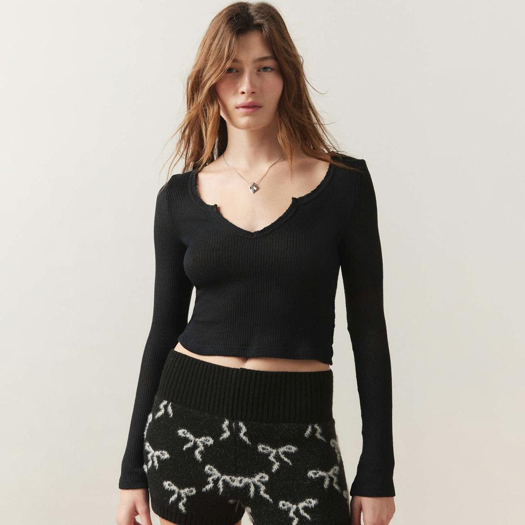 GMXIA Summer Women's Solid Color Ribbed Slim T-shirt V Neck Long Sleeve Knit Spice Girl Top