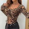 Mode Langarm Slim Fit Leopardenmuster Sexy T-Shirt Frauen Tops Kordelzug Quadratischer Kragen Elegantes Cropped T-Shirt Damen Vintage Casual Tees 25901