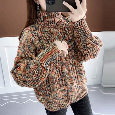 Verdickter Pullover für Damen, Herbst und Winter, locker, verdickt, bequem, warm, hoher Halsausschnitt im Inneren der lässigen, vielseitigen, elastischen Pullover-Strickpullover-Oberteile