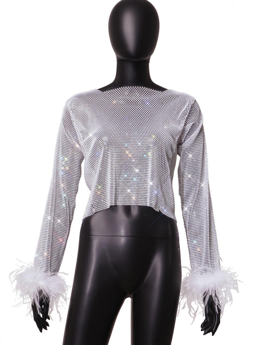 

Fashion 2025 Rhinestone hot-selling grid rhinestone hollow translucent leaky belly button top outer wear 22 one size fits all білий